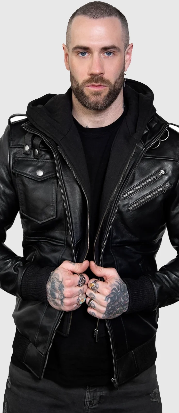 black hooded leather jacket front