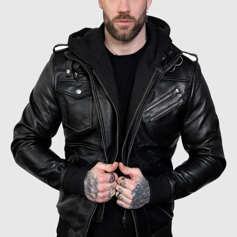 black hooded leather jacket front