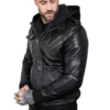 black hooded leather jacket side