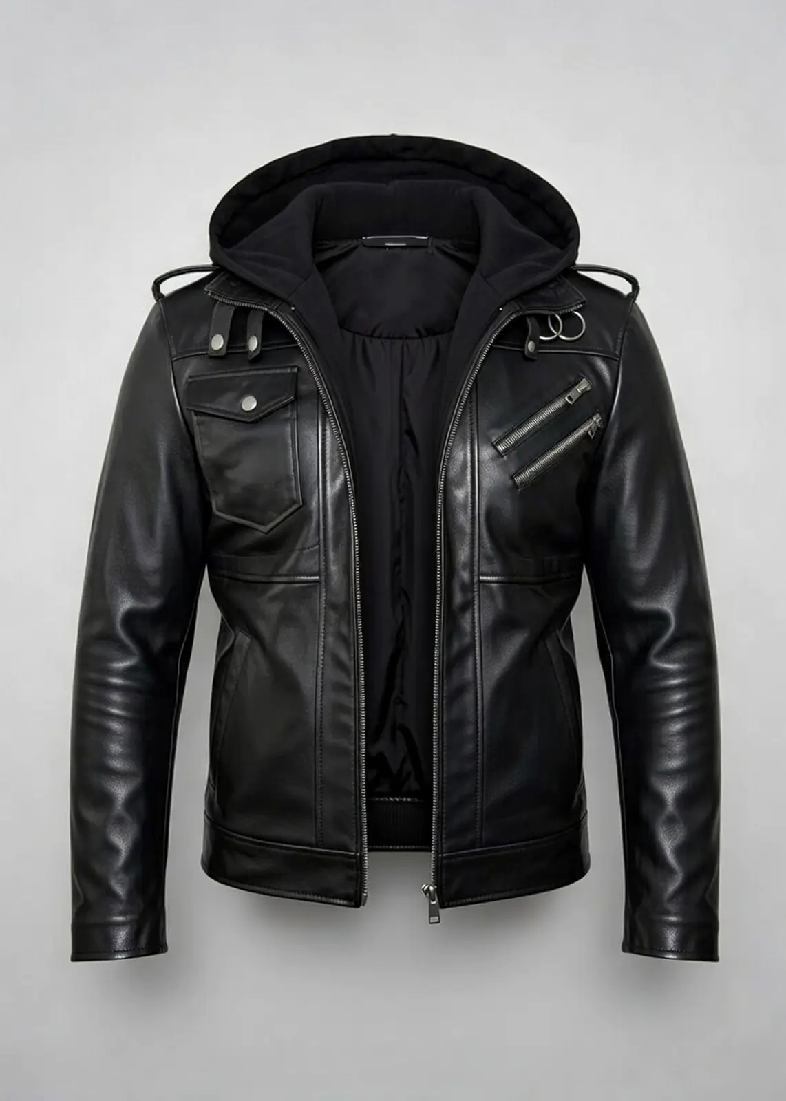 Black Hooded Leather Jacket for Men