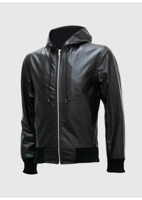 black leather hoodie front