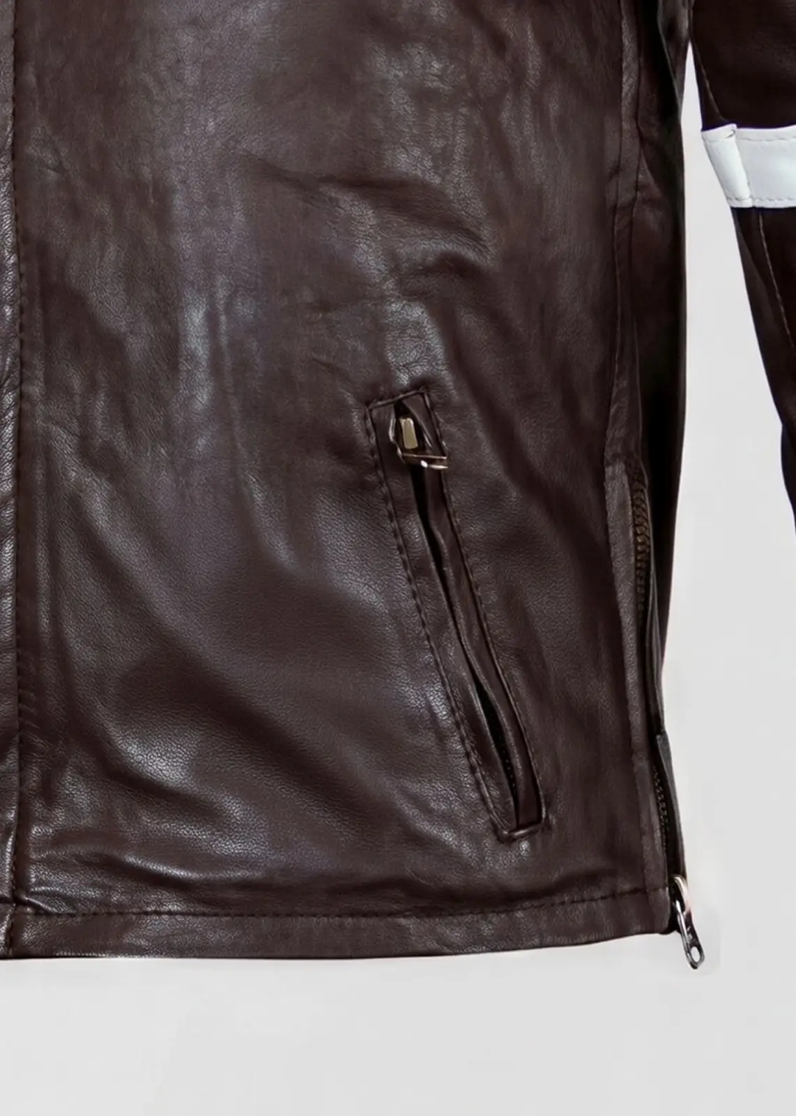 Brown Leather Jacket With White and Maroon Stripes