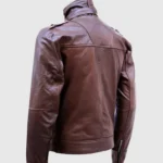 brown high collar leather jacket back