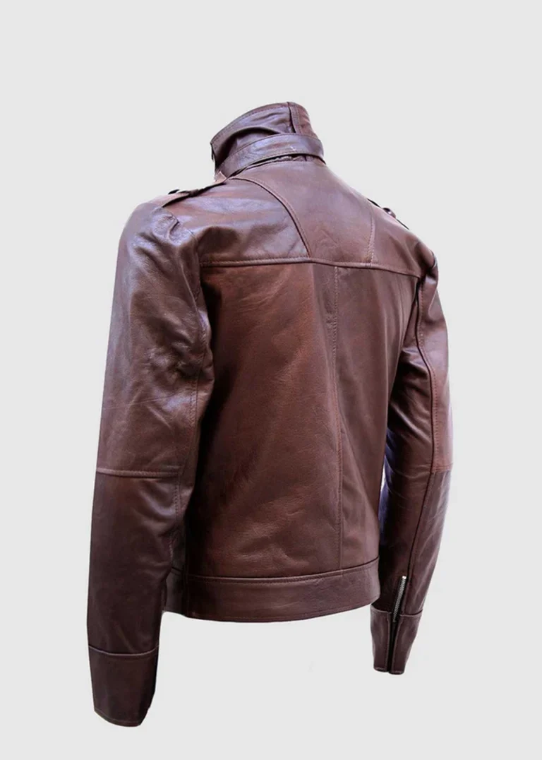 brown high collar leather jacket back