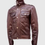 brown high collar leather jacket back front