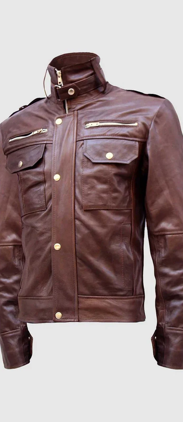 brown high collar leather jacket back front