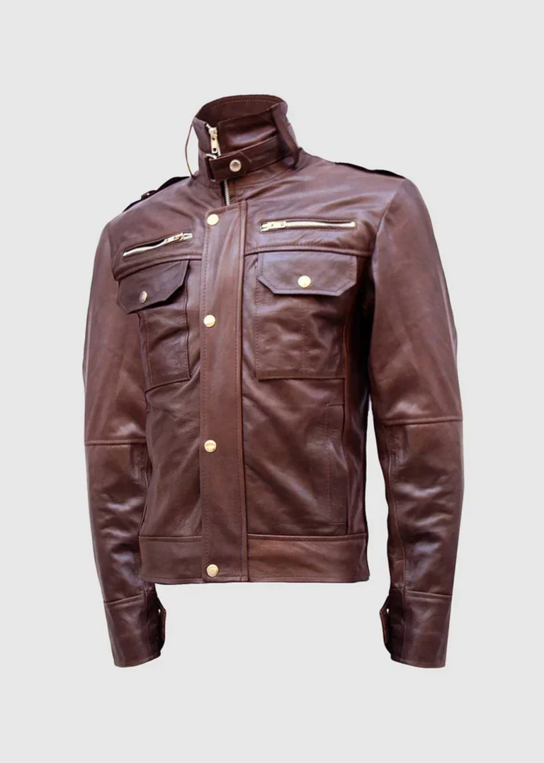 brown high collar leather jacket back front