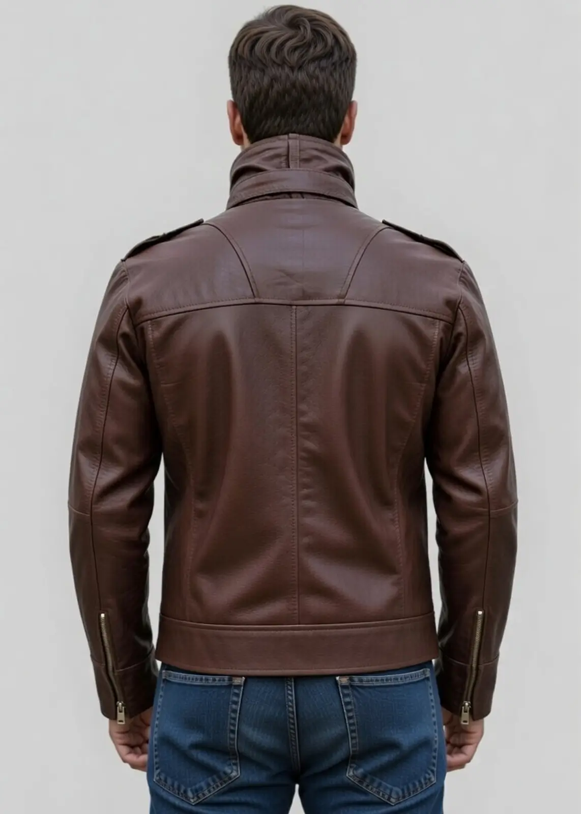 Versatile Brown High Collar Leather Jacket