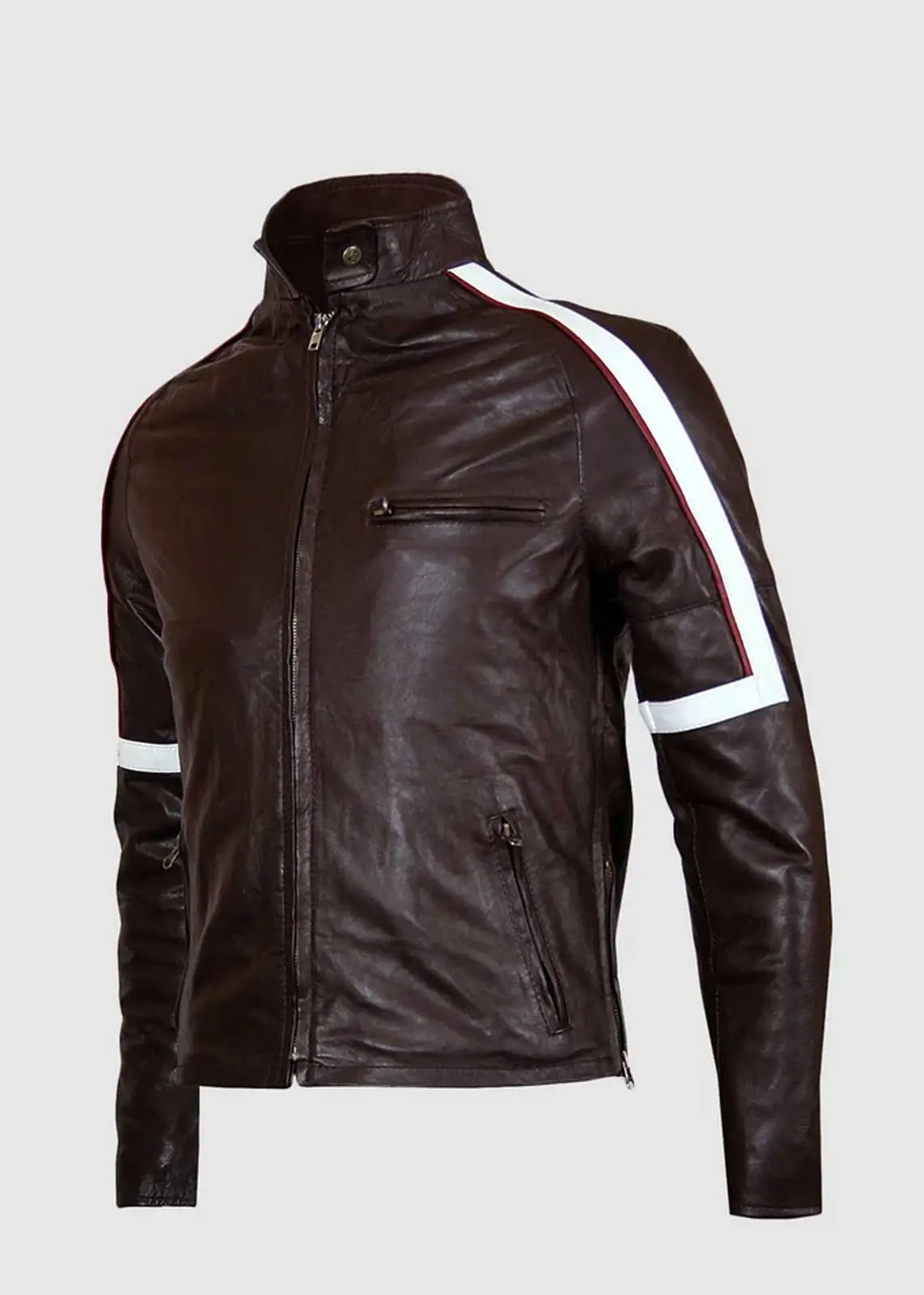 Brown Leather Jacket With White and Maroon Stripes