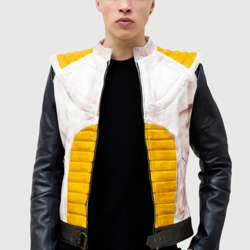 dragon ball z vegeta prince of saiyans white and yellow leather jacket front