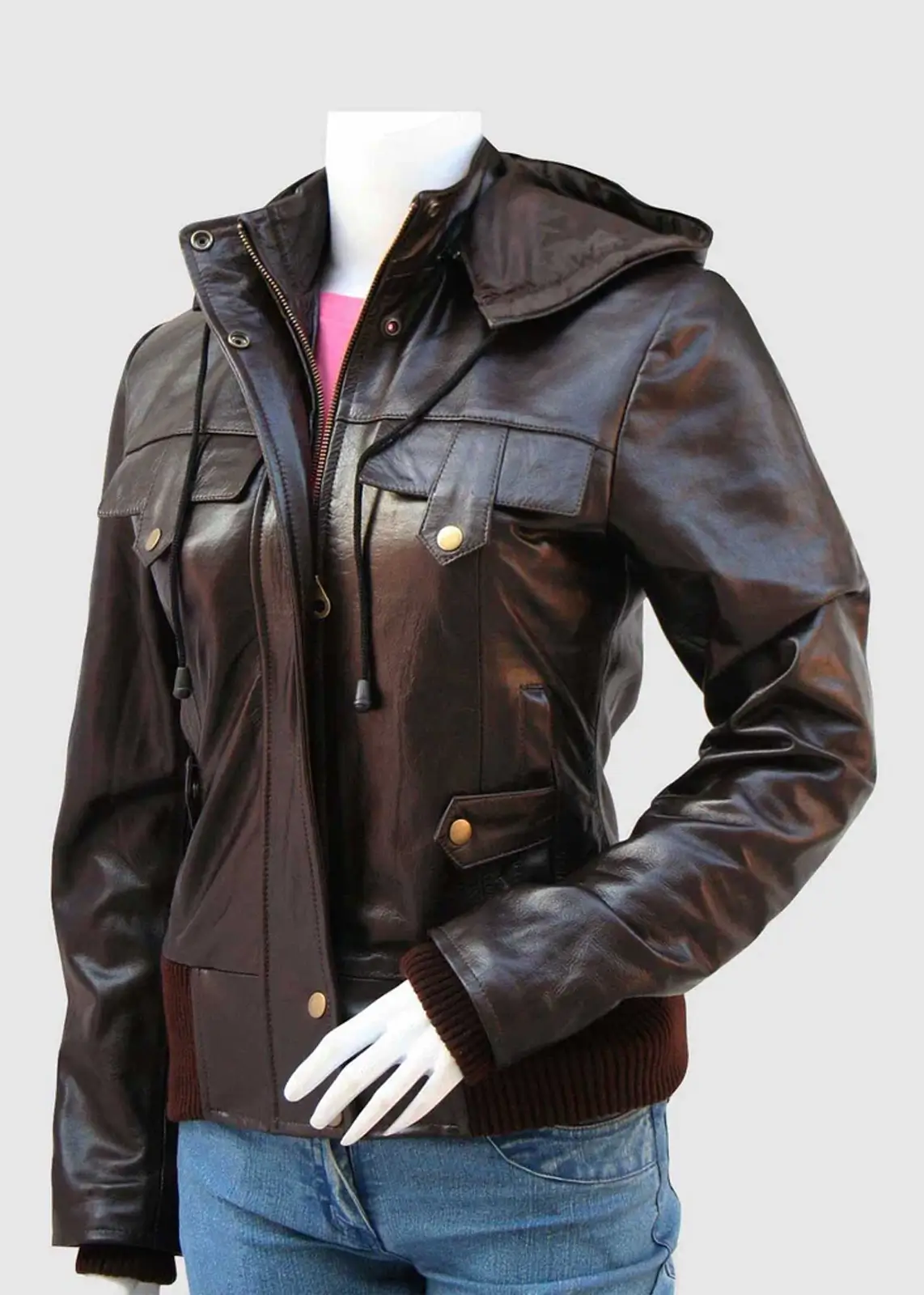 Women’s Brown Leather Jacket With Detachable Hood