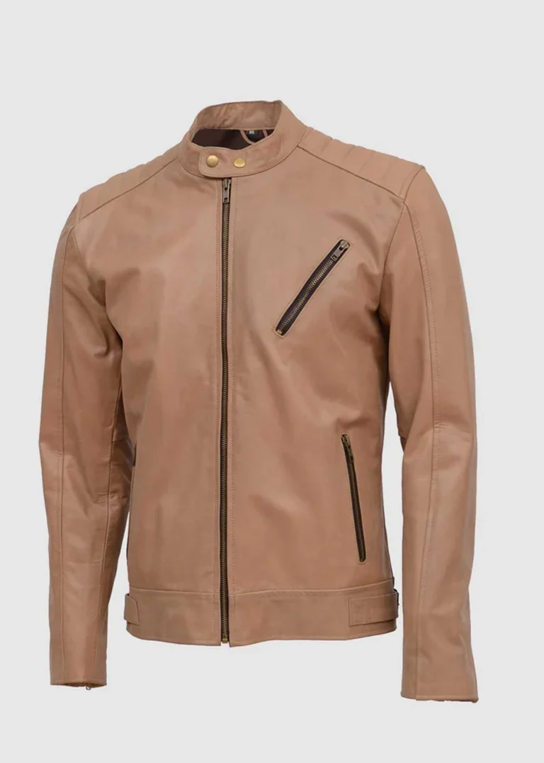 mens Beige Leather Jacket front