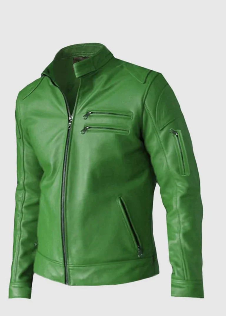 mens Green Leather Jacket front