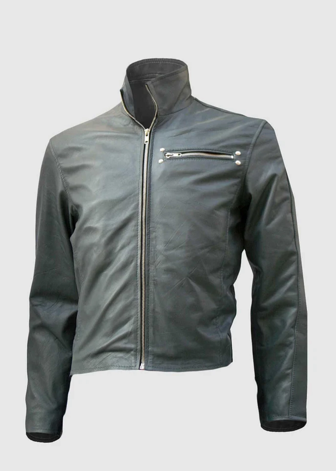 Men’s Black Leather Biker Jacket with Zipper Accents
