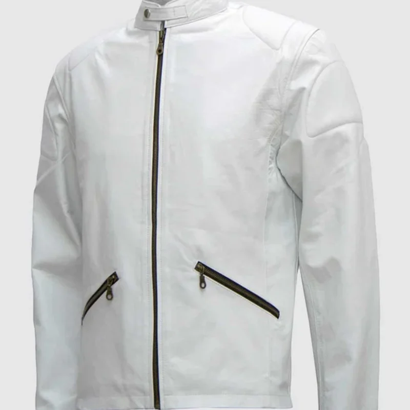 mens white leather biker jacket front