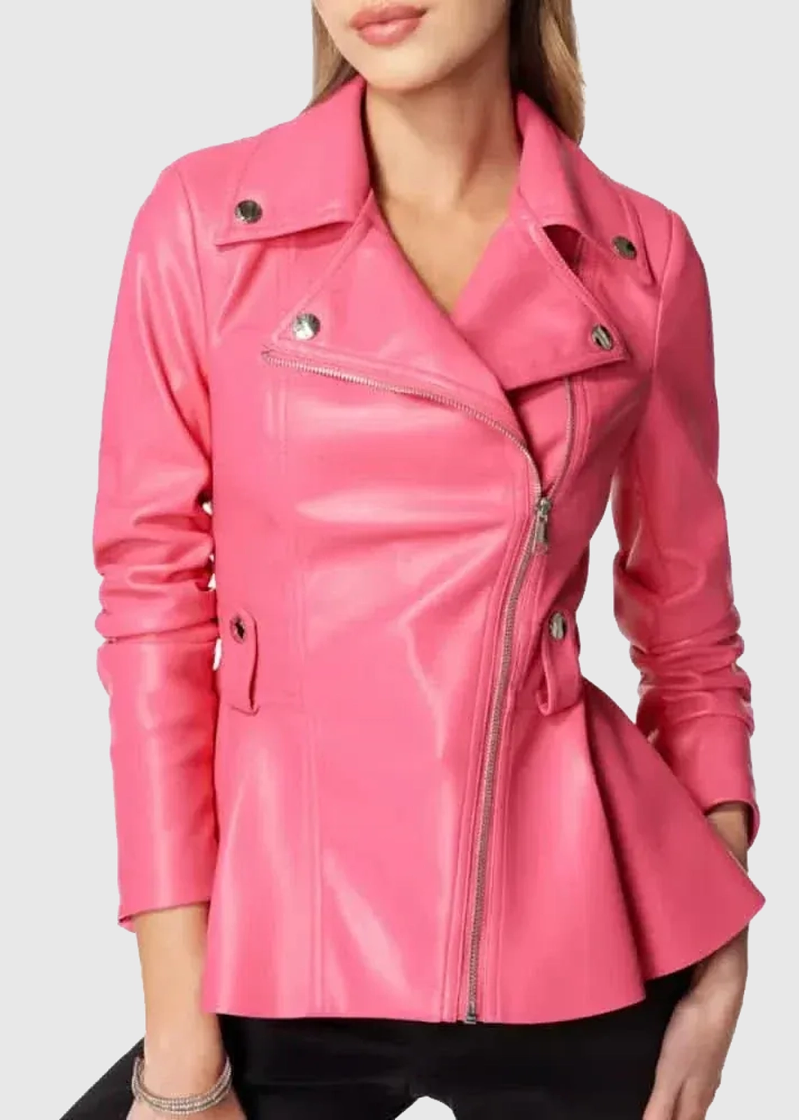 Women’s Pink Peplum Leather Jacket