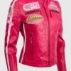 pink leather motorcycle jacket front