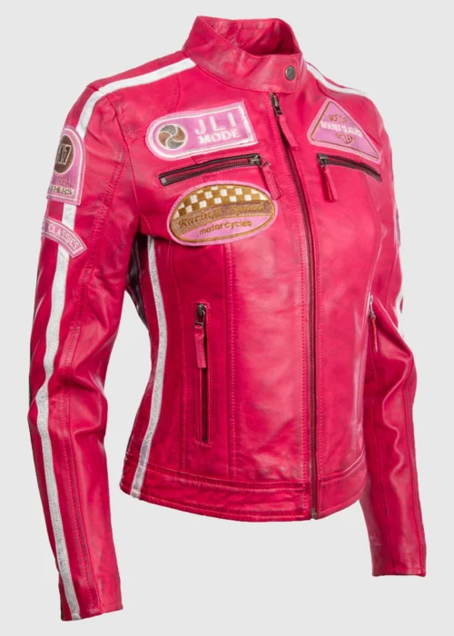 pink leather motorcycle jacket front