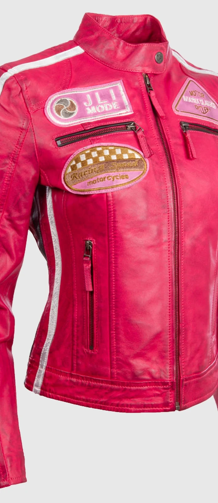 pink leather motorcycle jacket front