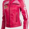 pink leather motorcycle jacket front side