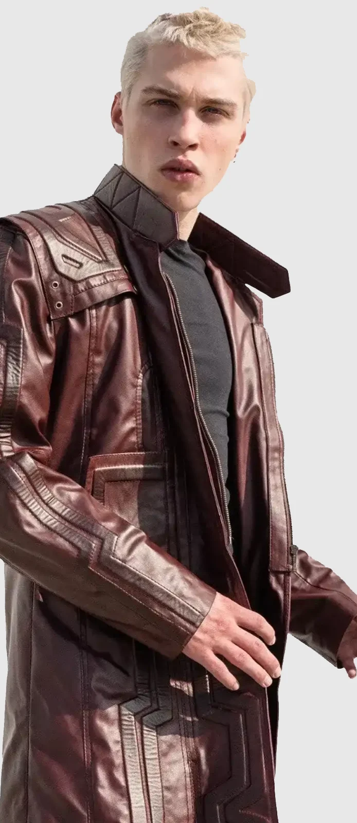 star lord long red leather trench coat front 1