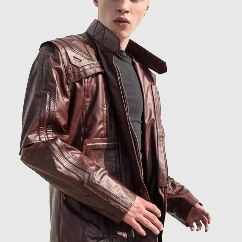 star lord long red leather trench coat front 1