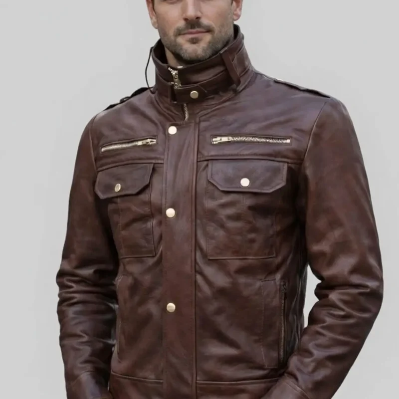 versatile-brown-high-collar-leather-jacket