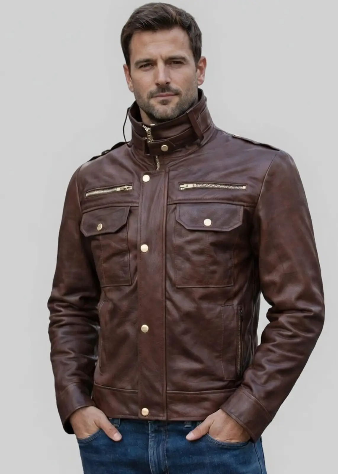 Versatile Brown High Collar Leather Jacket