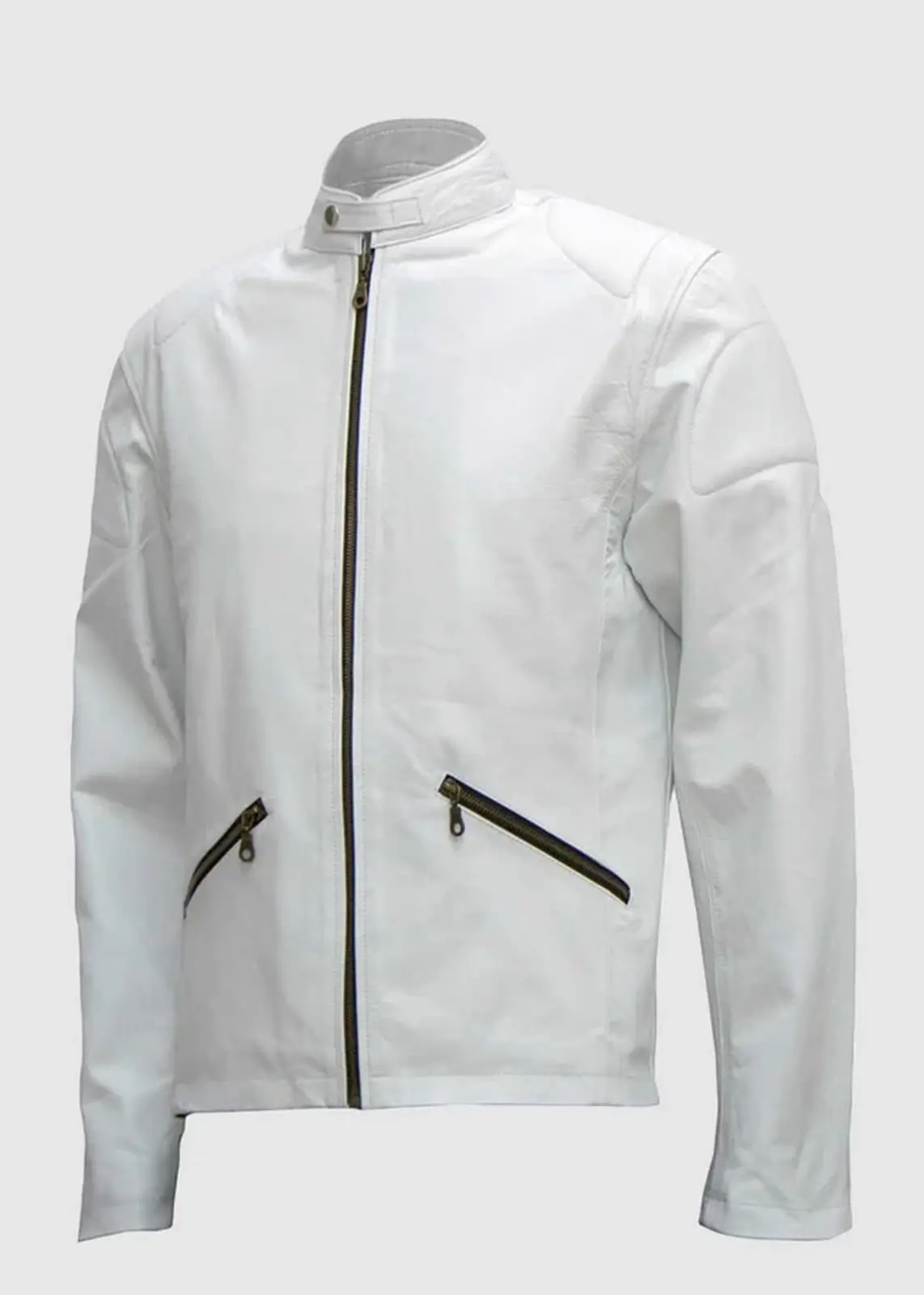 White Leather Biker Jacket For Men