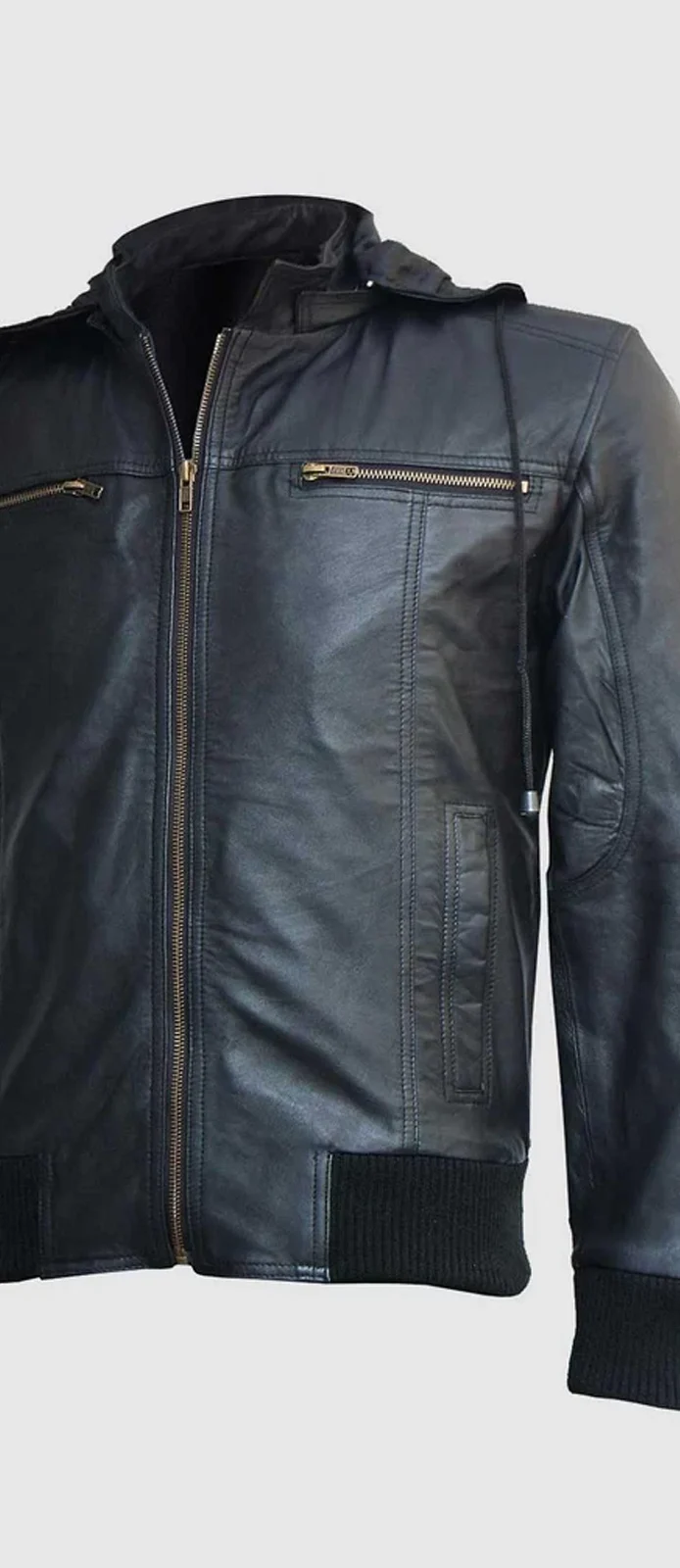 Mens Black leather hooded biker jacket​ front