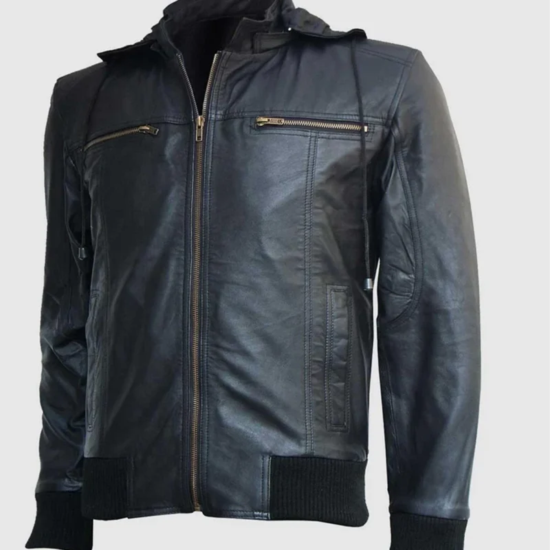 Mens Black leather hooded biker jacket​ front