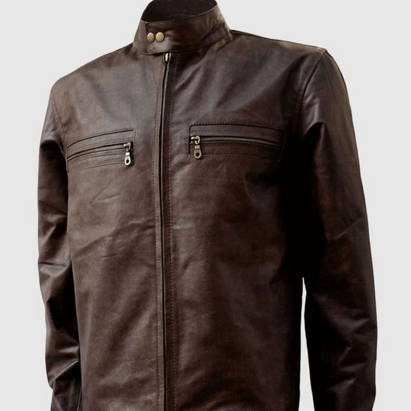 Mens Dark Brown Leather Bomber Jacket front