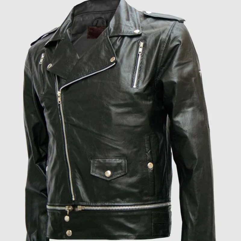 Mens black leather zipper jacket front