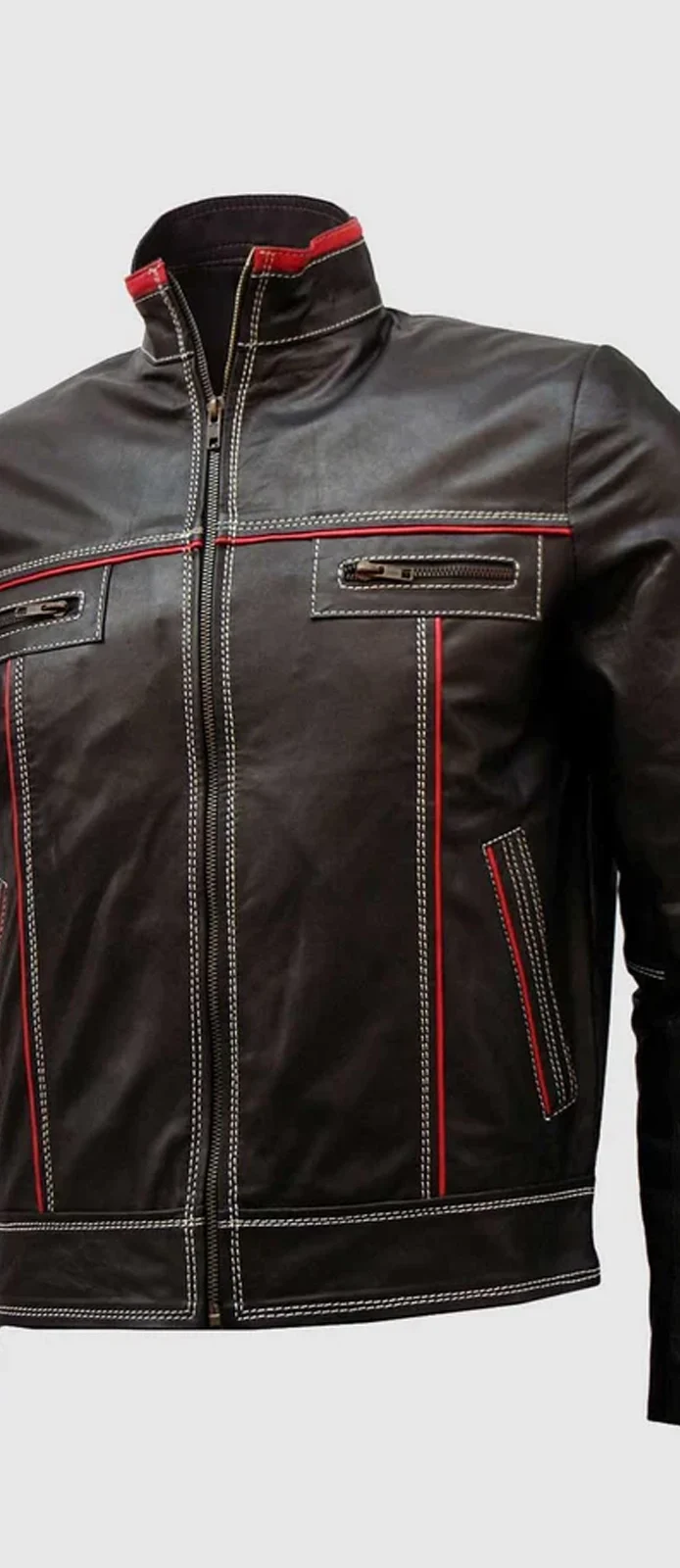 Mens brown leather jacket with red and white lining front