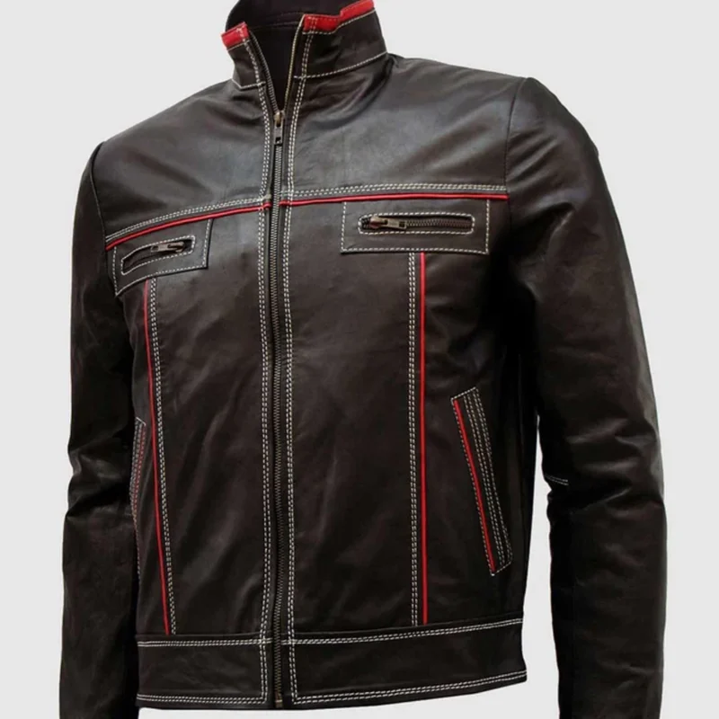 Mens brown leather jacket with red and white lining front