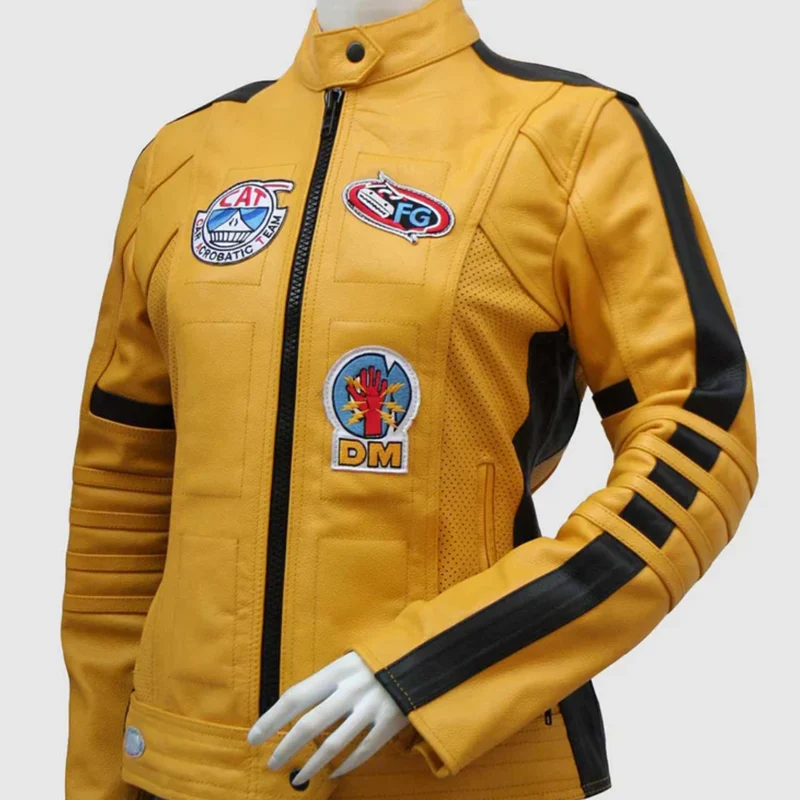 Womens kill bill yellow leather motorcycle jacket front