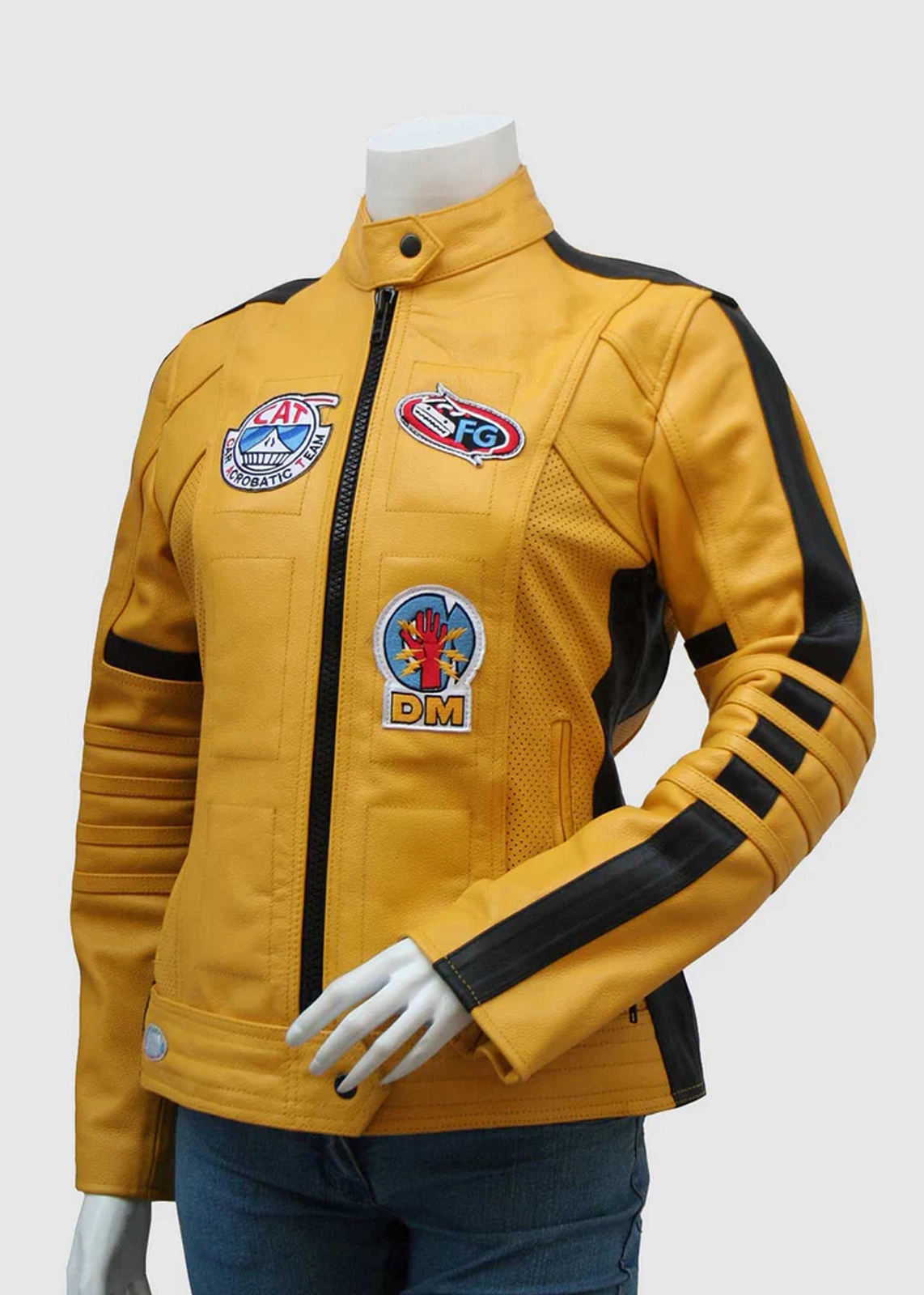 Womens kill bill yellow leather motorcycle jacket front