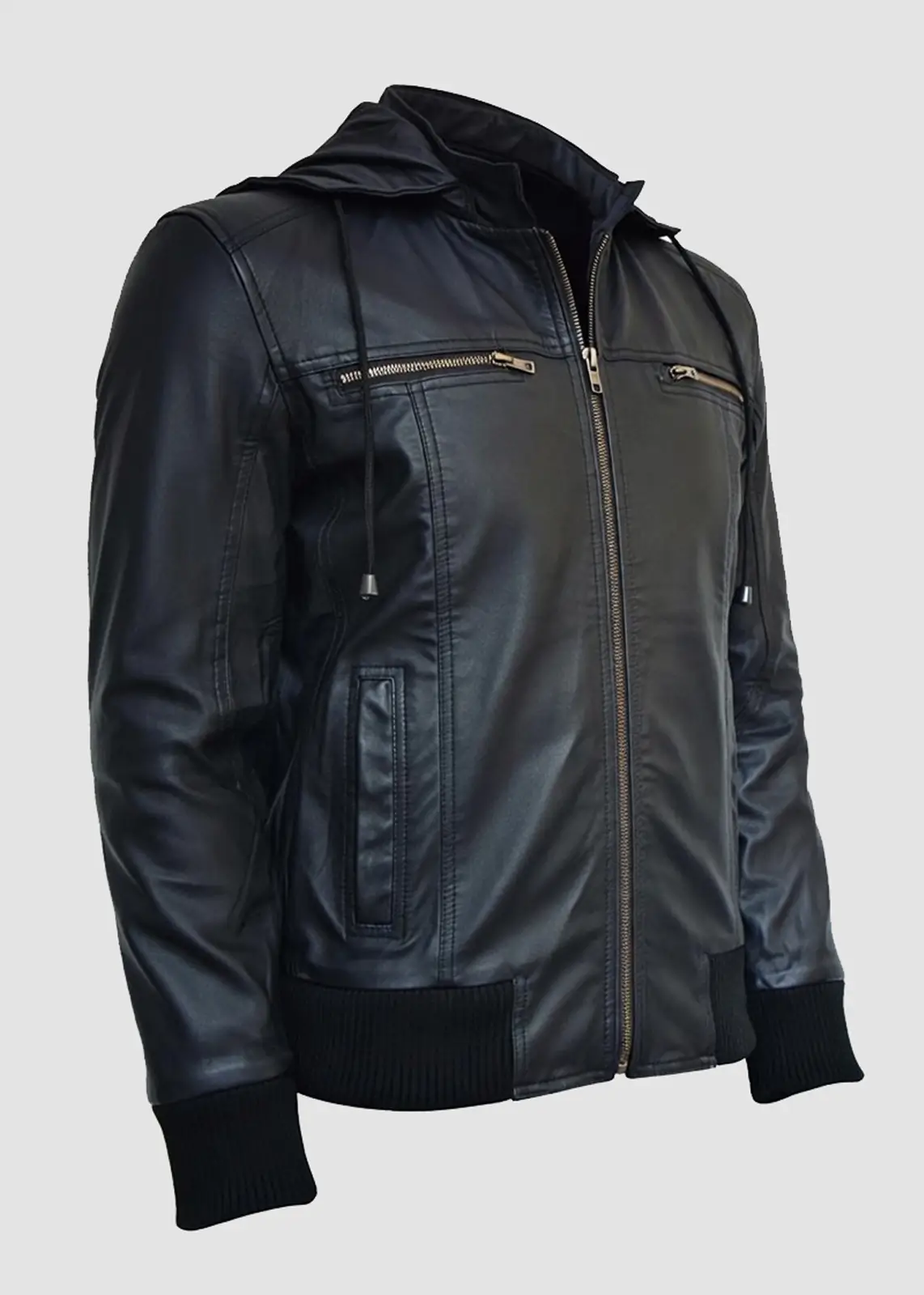 Black Leather Hooded Biker Jacket