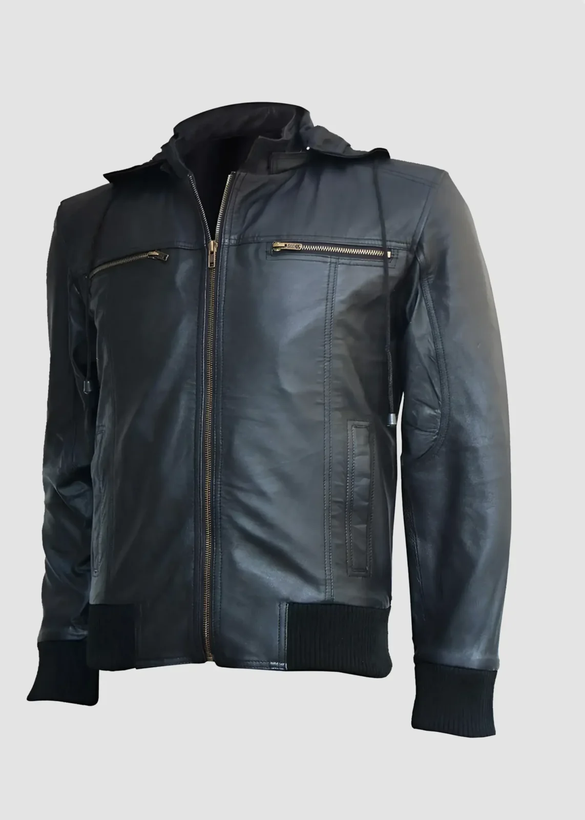 Black Leather Hooded Biker Jacket