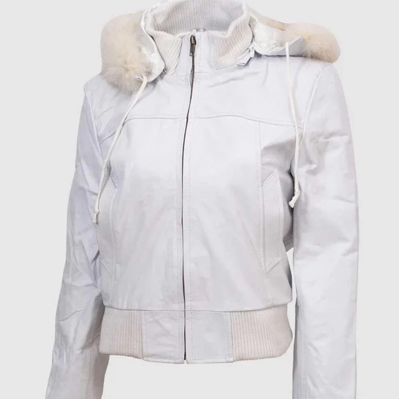 Women's White Fur Leather Bomber Jacket front