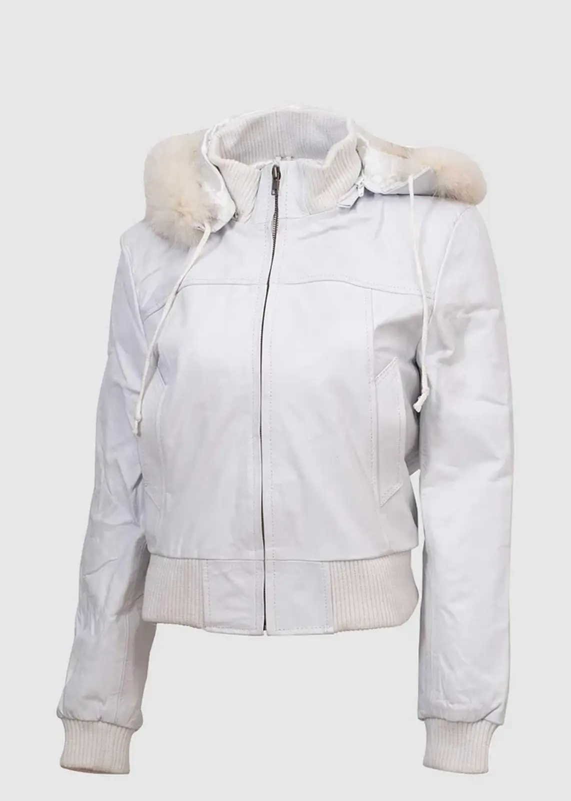 Women’s White Fur Leather Bomber Jacket