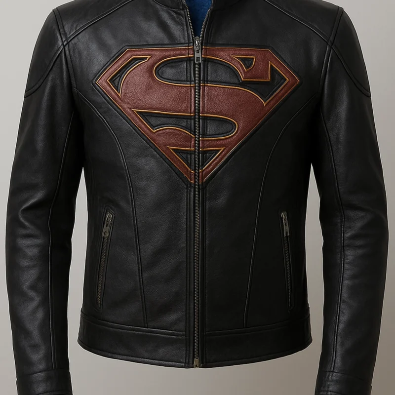 Superman emblem Black leather jacket front