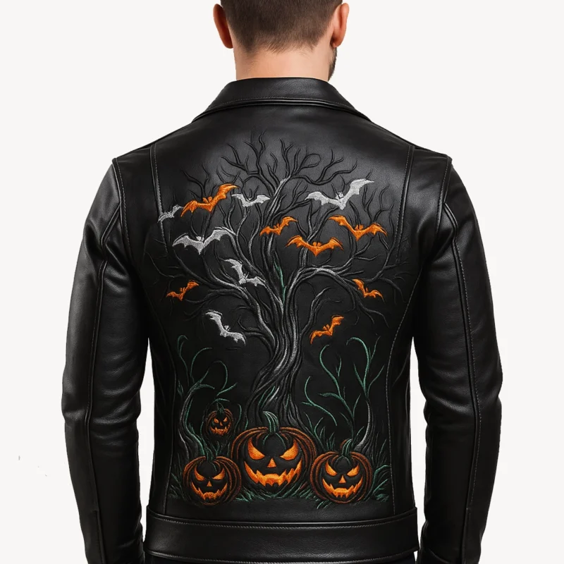 haunted forest black leather jacket model