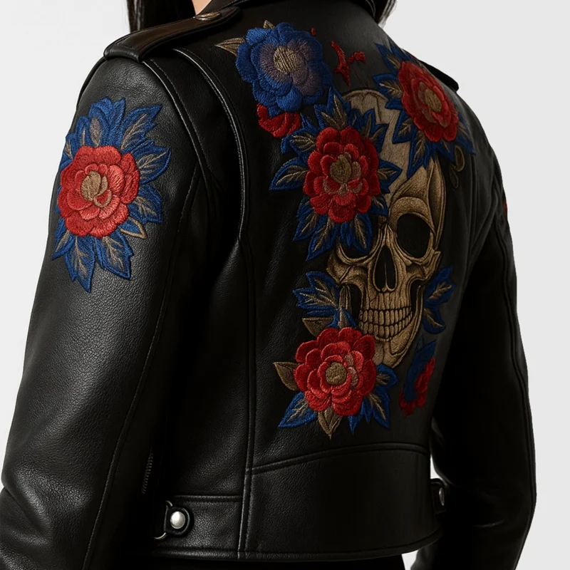 women's skull floral leather jacket model