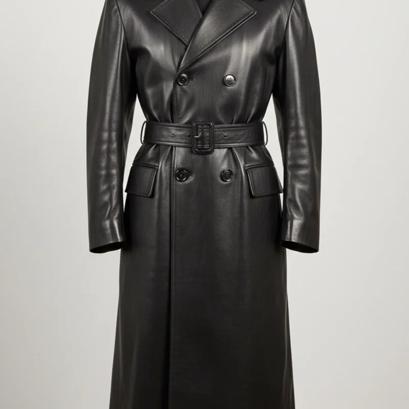 Classic Black Leather Trench Coat Front