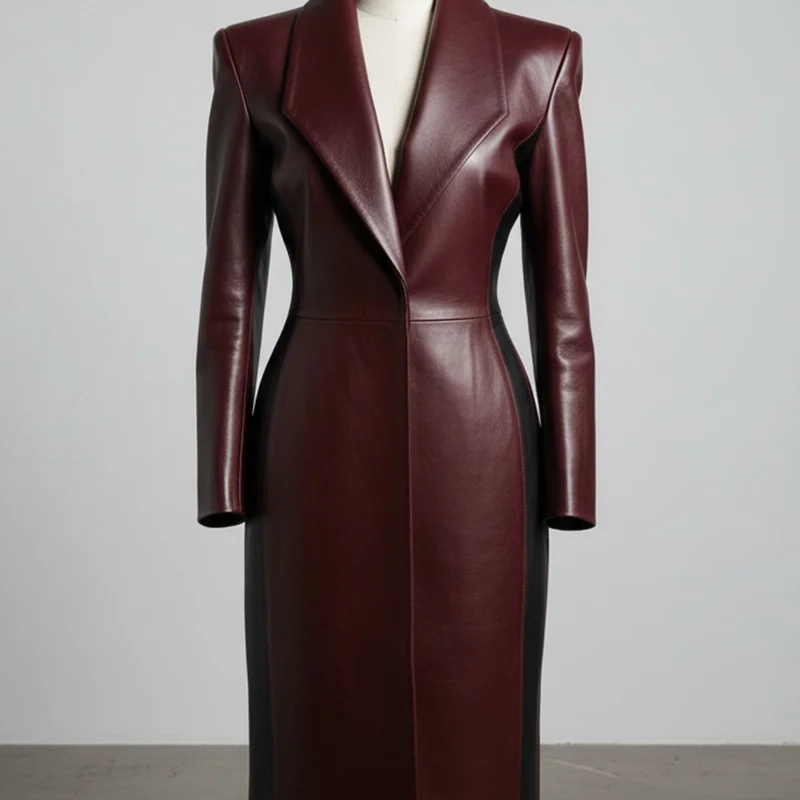 Deep Maroon Luxe Leather Trench Coat Front