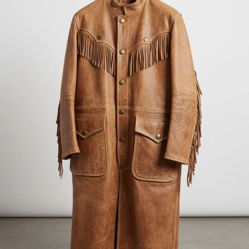 Disterssed Tan Western Leather Duster Coat Front