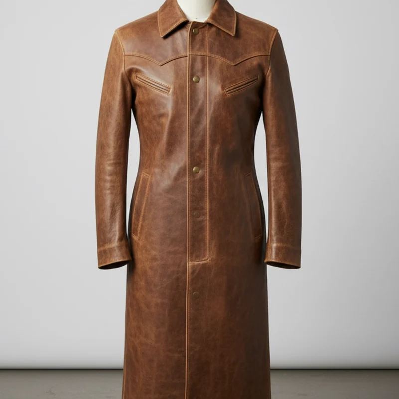 Tan Western Rider Leather Trench Coat Front