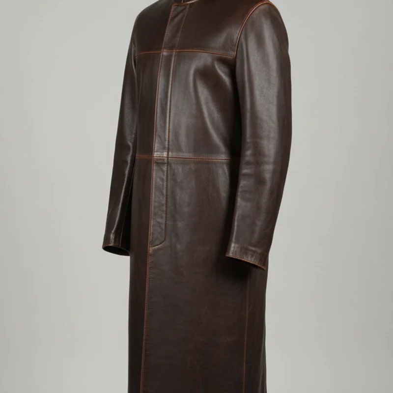 The Nomad — Dark Brown Collarless Duster Coat front