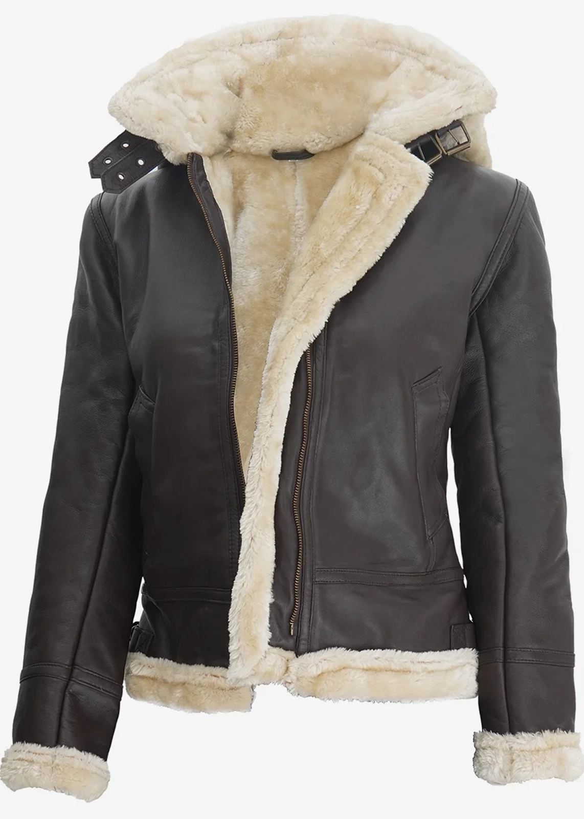 Women’s Dark Brown Hooded Shearling Leather Jacket